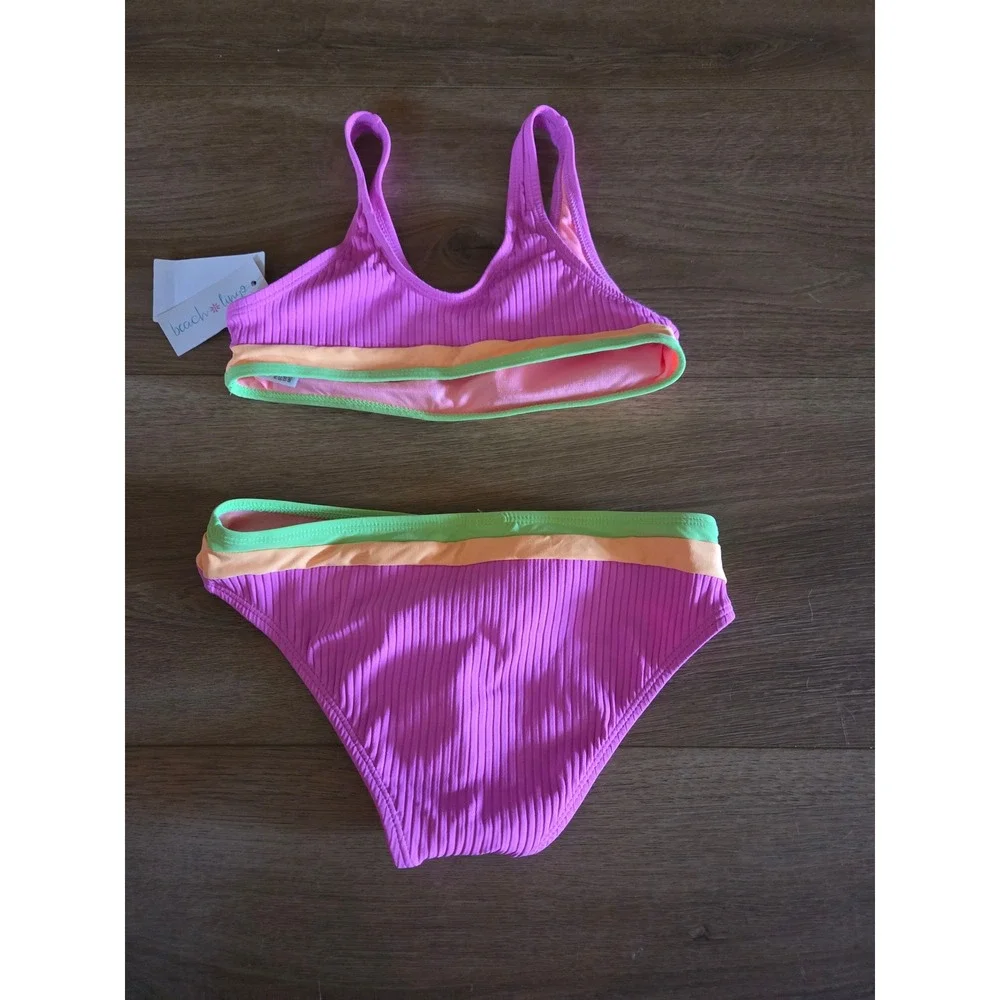 Beach Lingo Girls Purple Ribbed Bikini Set Neon‎ Green Orange Trim Size 10 NEW